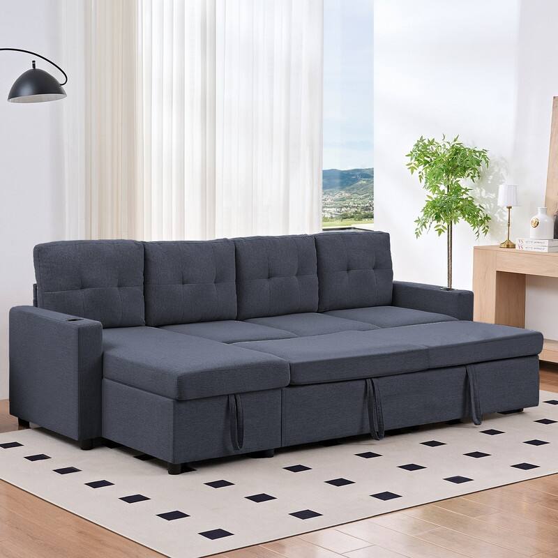 Mixoy 101"Linen 4-Seater Modular Sofa with Storage Chaise,Sleeper Sofa with Pull-out Bed