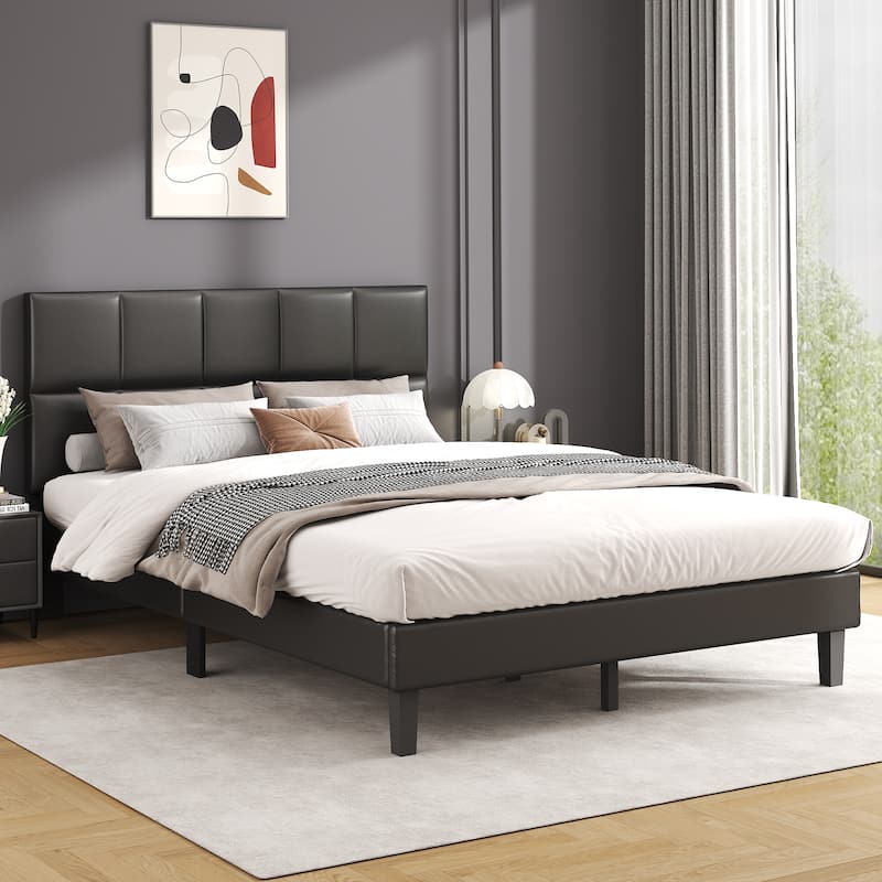 Full Size Bed Frame with Leather Finish – Modern Low-Profile Bed Base with Under-Bed Storage Space and Noise-Free Support - Black