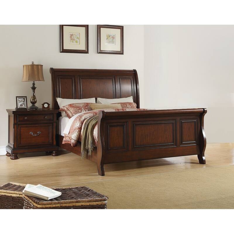 3pc Bed 2x Nightstand Set Traditional Style Bun Feet Dark Cherry Finish Bedroom Furniture