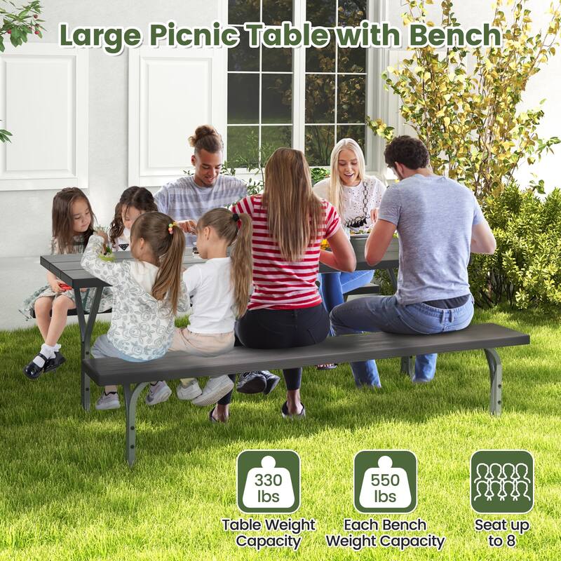 72 Inch 8-Person Outdoor Picnic Table and Bench Set with HDPE Wood-Texture Top and with Built-in Umbrella Hole