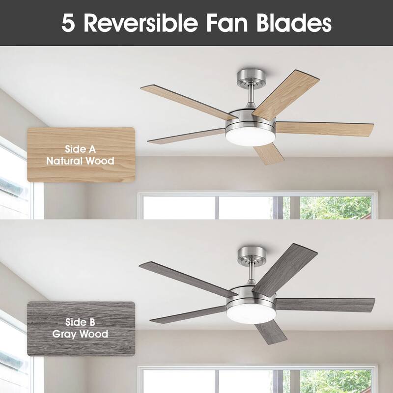 48" Modern Wood Reversible 5-blade Brushed Nickel LED Ceiling Fan with Remote