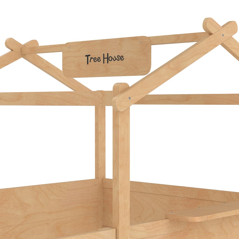 Kids House Floor Bed with Guardrails, Roof & Built-in Tray - Queen/Full/Twin Size, Childlike Design