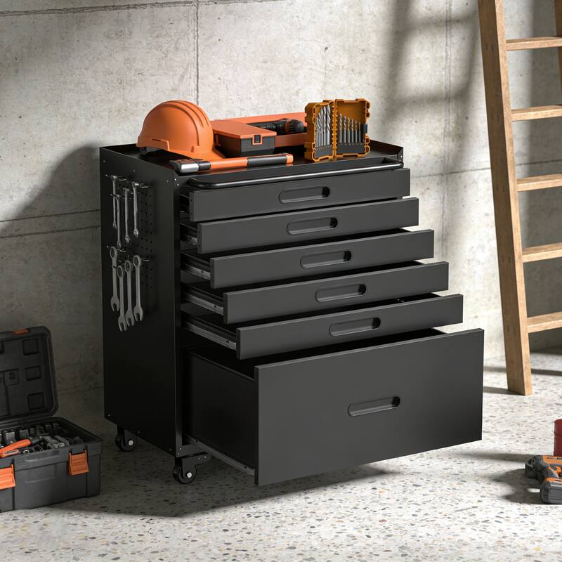 34.3" Rolling Tool Chest with 6 Drawers Mobile Garage Cabinet Organizer, All-Drawer Design for Small Parts & Tools - Black