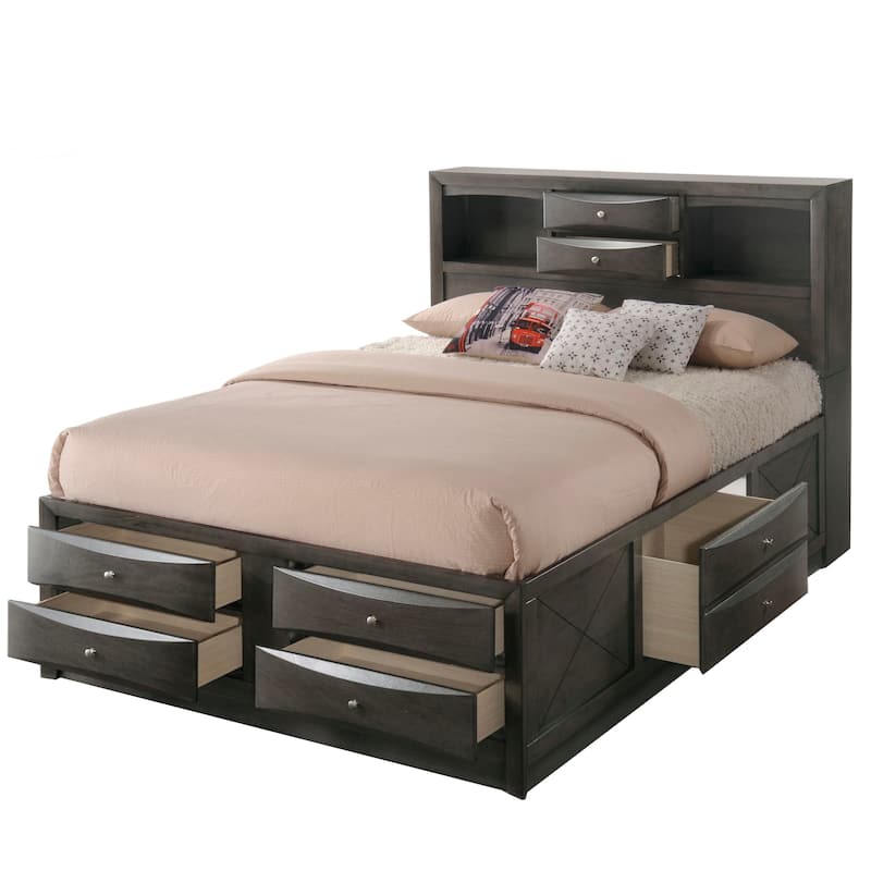 Panel Design Eastern King Size Bed with Bookcase and Drawers, Taupe Brown