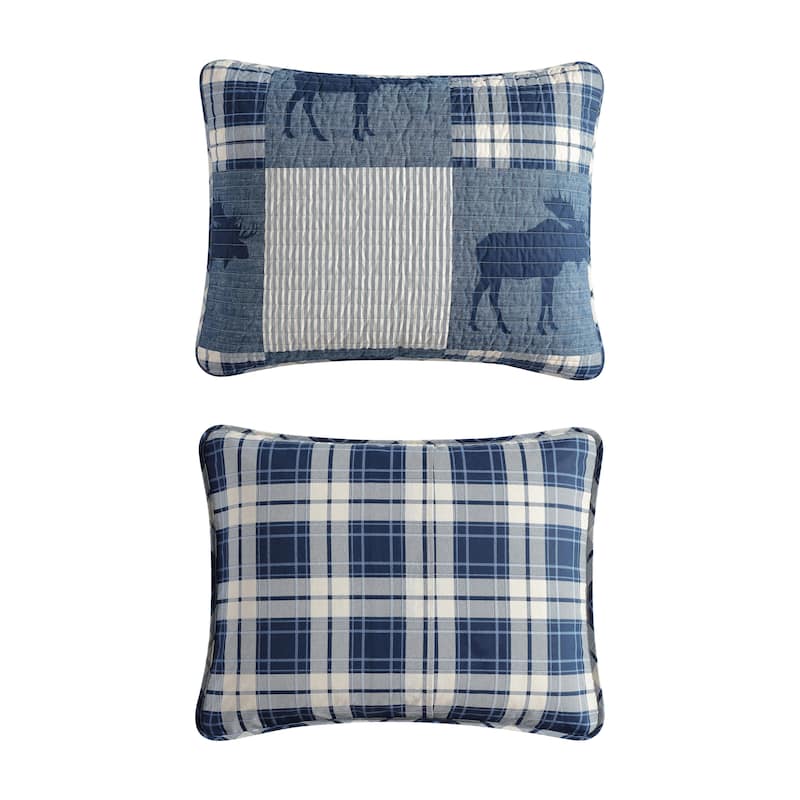 Eddie Bauer Moose Plaid Pinstripe Patchwork Cotton Blue Quilt Set