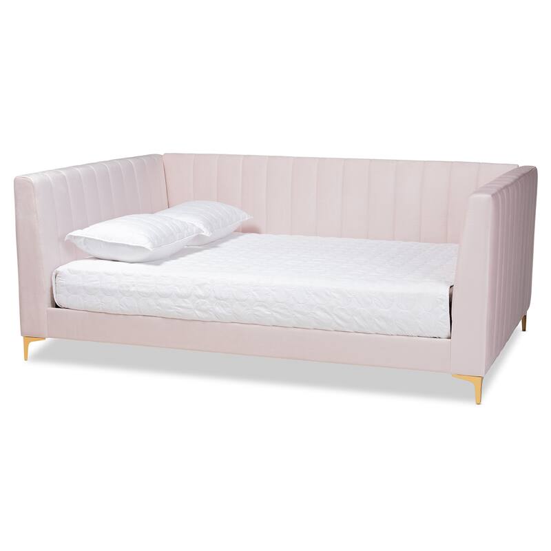 Pink Velvet Upholstered Queen Daybed with Channel Tufting and Gold Metal Legs, Glam Contemporary Bedroom Piece