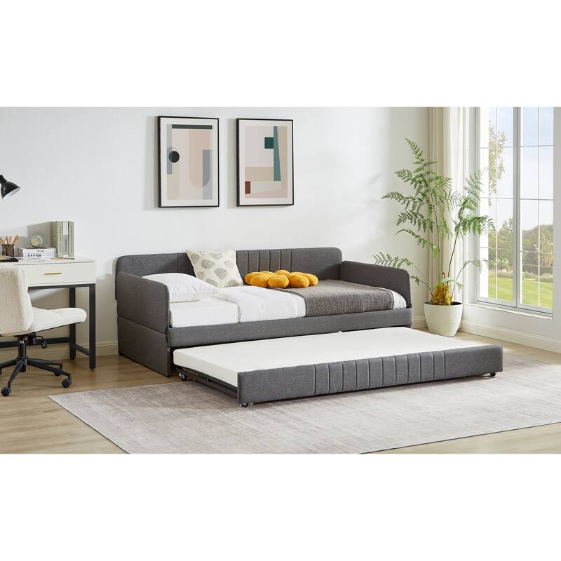 Grey Twin Size Daybed with Trundle, Sturdy Metal Frame, Space-Saving Design, Noise-Free, Easy Assembly
