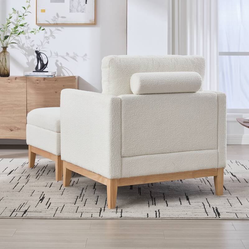 Upholstered Wood Base Square Accent Arm Chair with Ottoman