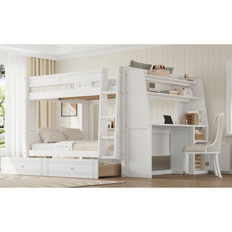 Roomfitters Full Over Full Bunk Bed with Built-In Desk, Bookshelves and Drawers