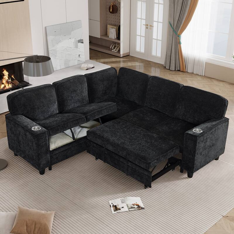 L-Shaped Sectional Sofa with Pull Out Sofa Bed, Convertible Sleeper Sofa Bed with Storage & USB Ports, Large Corner 5 Seat Sofa