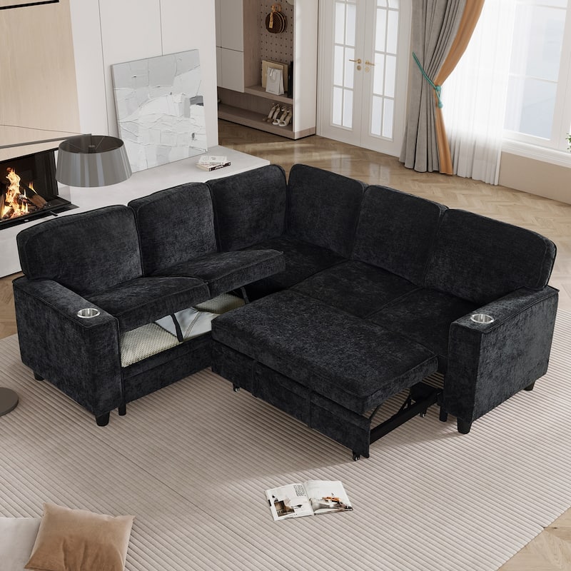 Modern Chenille L-Shaped 5-Seat Sectional Sofa Bed with Storage, USB Ports and Cup Holders for Living Room