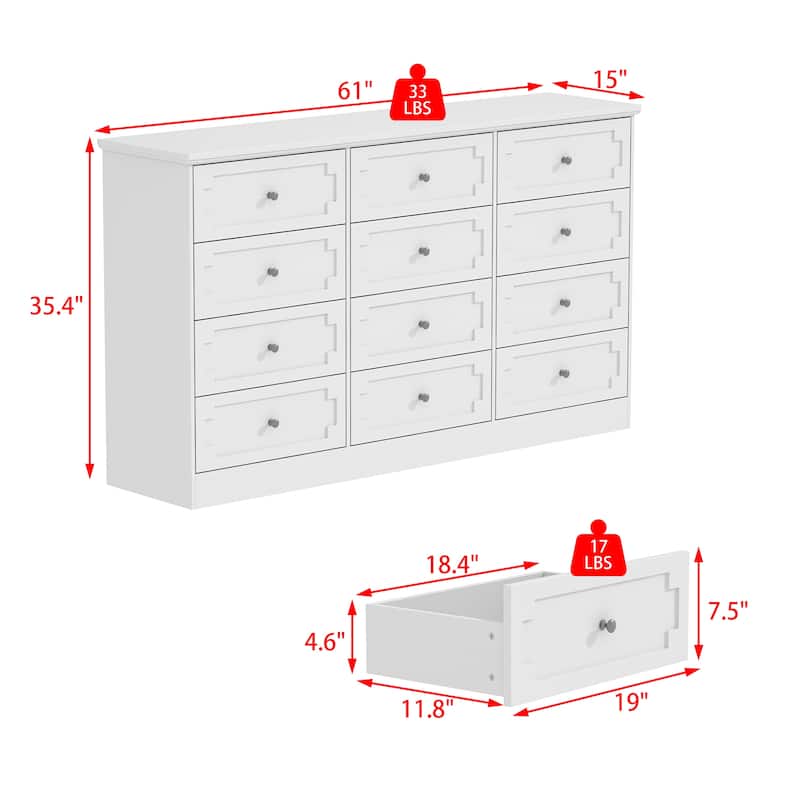 Modern 12-Drawer White Wooden Dresser for Bedroom and Living Room Storage