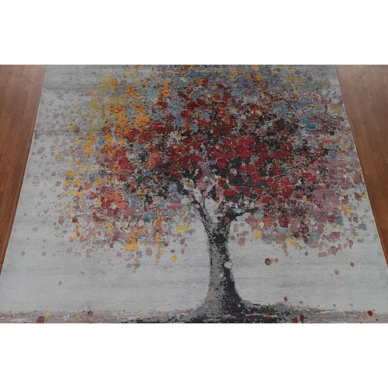 Hand Knotted Oriental 100% Silk Carpet Modern Floral Greys & Charcoal Abstract Area Rug - 10' 3'' X 8' 0''