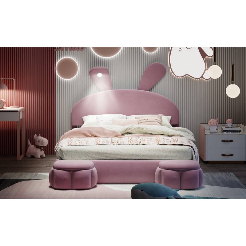 Full Size Upholstered Velvet Platform Bed Frame with Cartoon Ears Shaped Headboard, Light and 2 Small Storage Stools for Bedroom