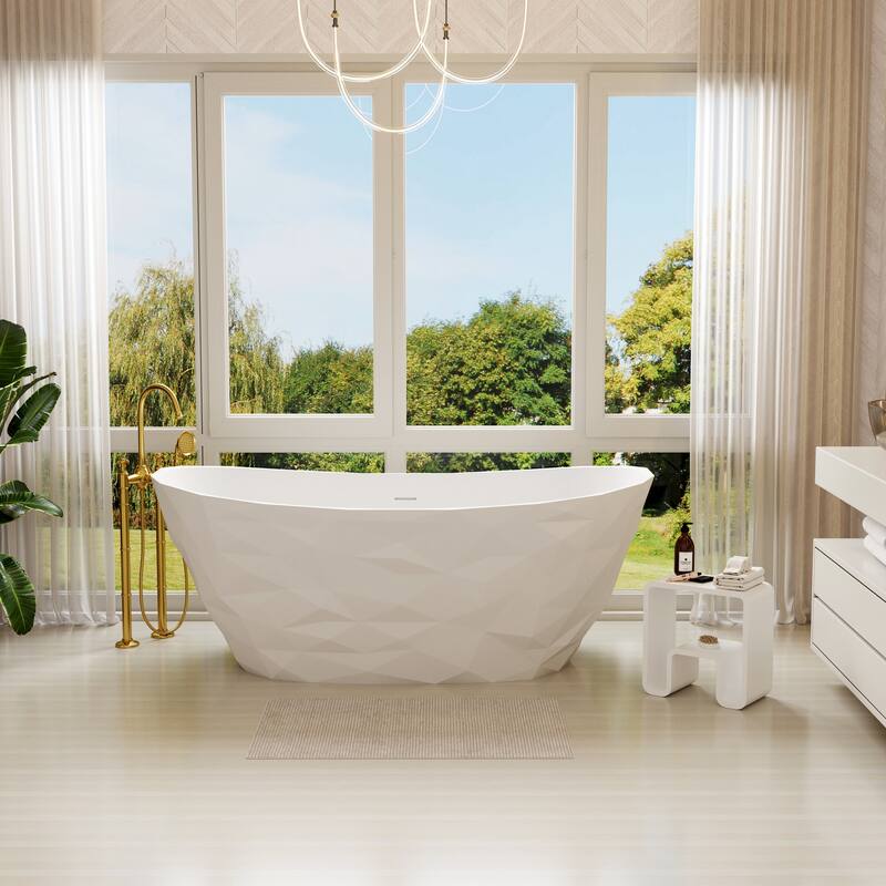 64 in. Freestanding Solid Surface Soaking Bathtub in Matte White, Elegant Oval Design with Center Drain
