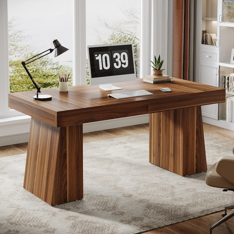 Brown Wood Mid-Century Executive Desk for Home Office - Brown