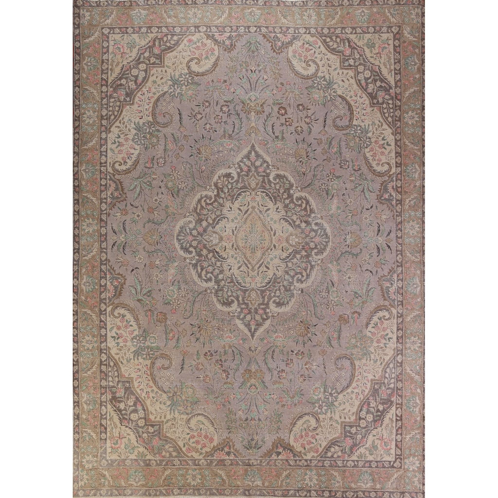 Gray Floral Tabriz Persian Vintage Area Rug Hand-Knotted Wool Carpet - 9'7" x 12'5"