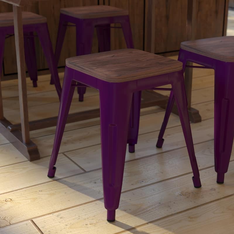 Set of 4 18" Table Height Indoor Stackable Metal Stool with Wood Seat