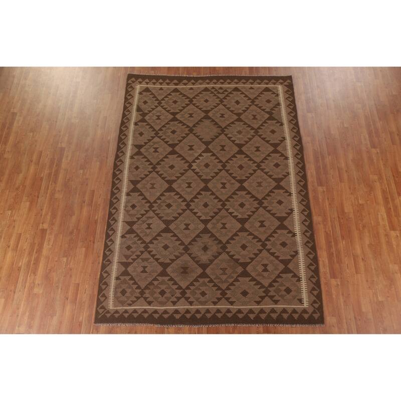 Hand Woven Oriental 100% Wool Carpet Southwestern Geometric Brown Kilim Area Rug - 9' 10'' X 6' 7''