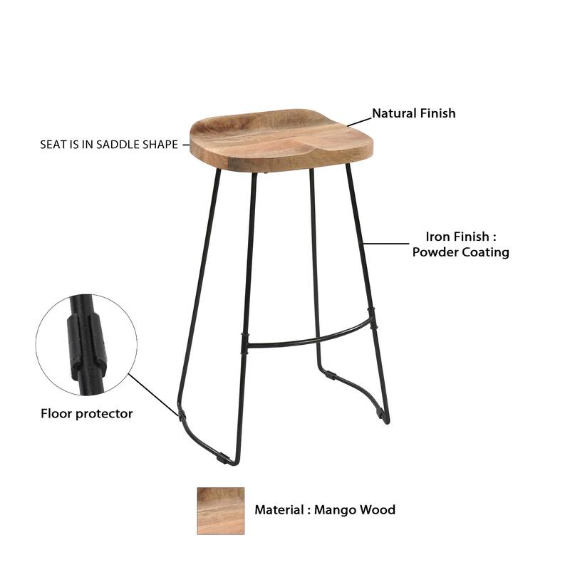 Tiva 30 Inch Handcrafted Backless Barstool, Natural Brown Mango Wood Saddle Seat, Black Metal Base