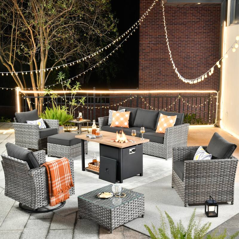 HOOOWOOO 10-piece Outdoor Grey Wicker Patio Furniture Set with Fire Pit Table - Black