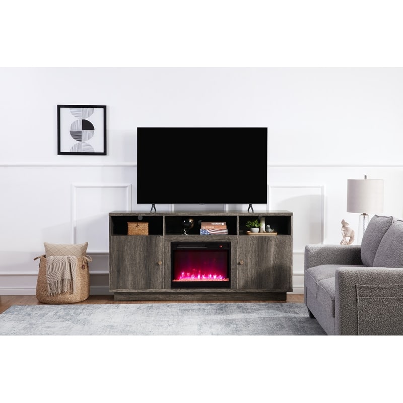 Ambrose 70"W White Walnut Finish Fireplace Console TV Stand with LED Light, Cabinets, Shelves
