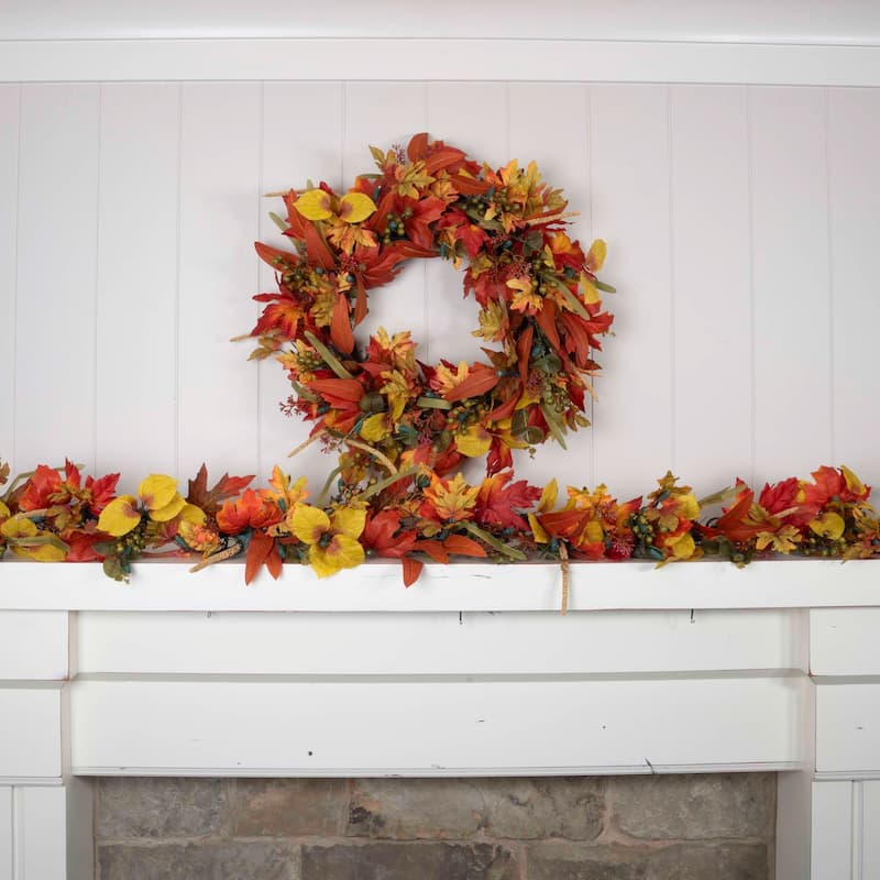 24 in. Holiday Wreath with Lights - Fall Harvest Leaf - 30 Inch