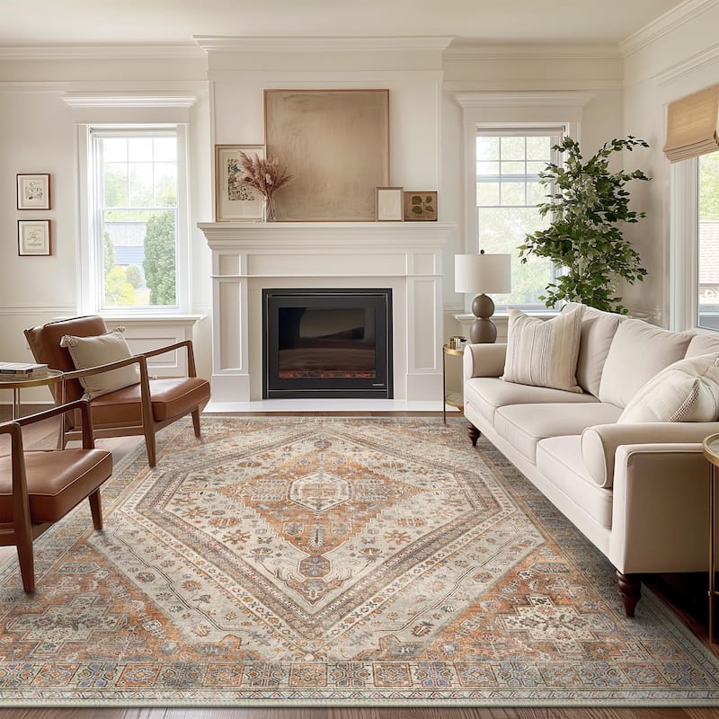 Mcow Everyday Comfort Neutral Low Pile Washable Non-Slip Area Rug - 8' x 10' - Grey/Orange - Rectangle