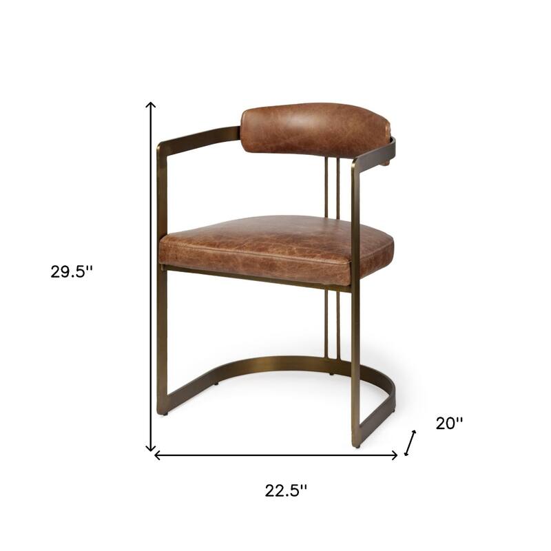 Modern Brown Leather Dining Arm Chair with Gold Metal Legs and Open Back Comfortable Seating - 29.5”H x 22.5”W x 20”D