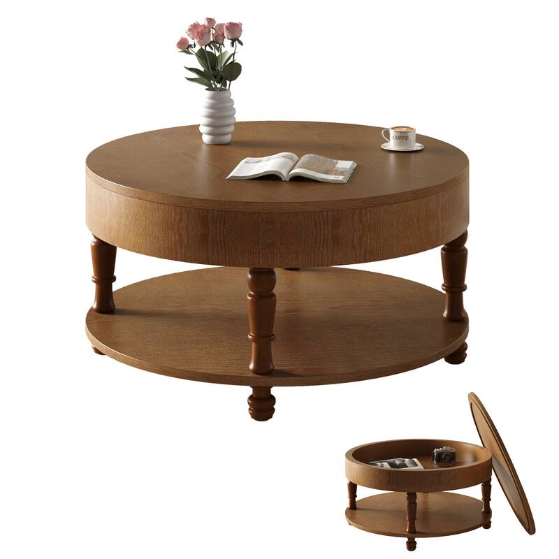 Round Coffee Table Center Table with Storage and Hidden Compartment, Walnut Brown Sofa Table Side Table End Table