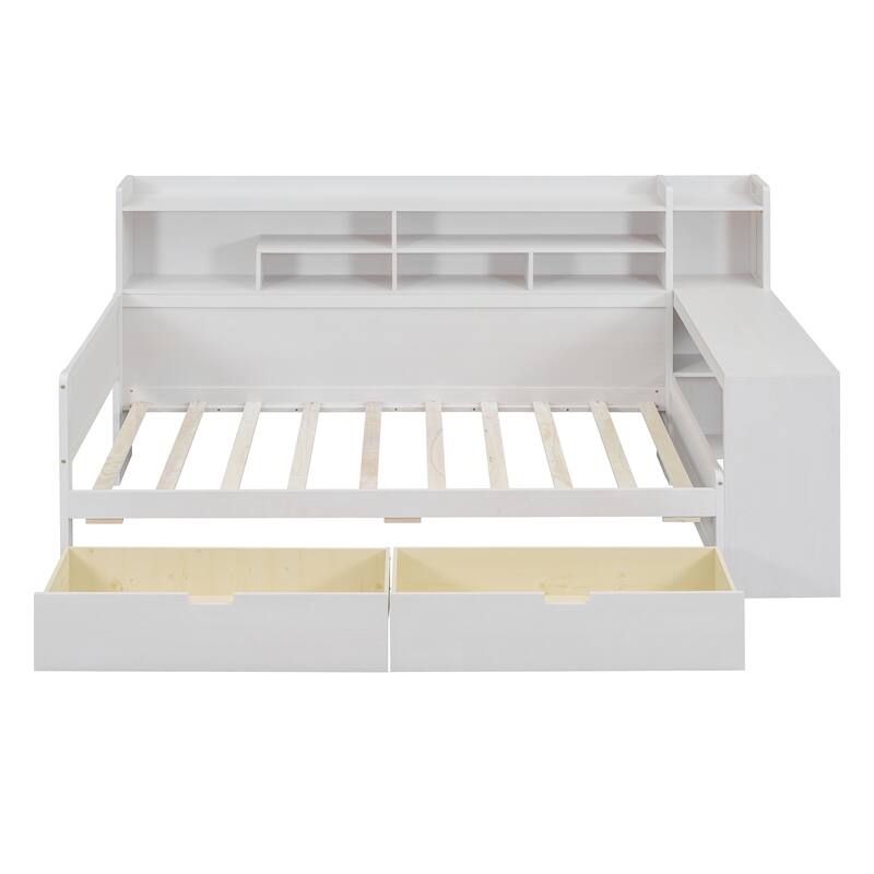 Wooden Twin Size Daybed with Storage Shelves, Multi-functional Bed with Two Storage Drawers and Study Desk