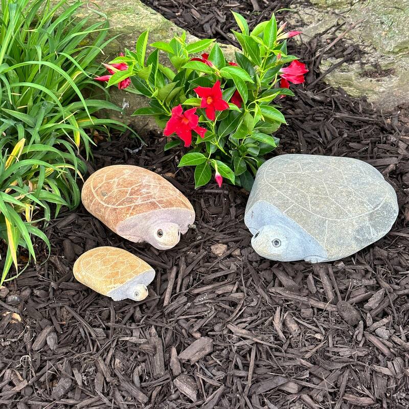 Natural Granite Boulder Animal Statues - 3 Piece Families - Dog, Angry Bird, Hedgehog, Cat, Owl, or Turtle - Turtle