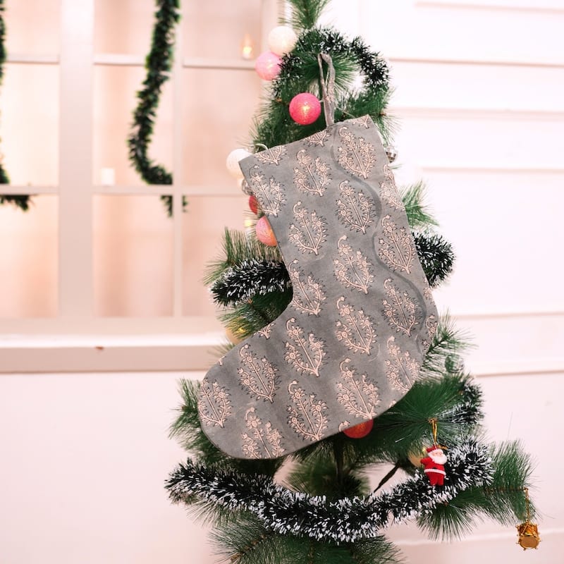 Fabdivine 16x6.5 Inches Hand Floral Block Print Christmas Stockings Tassle and Loop Perfect for Gift - 16"X6.5"