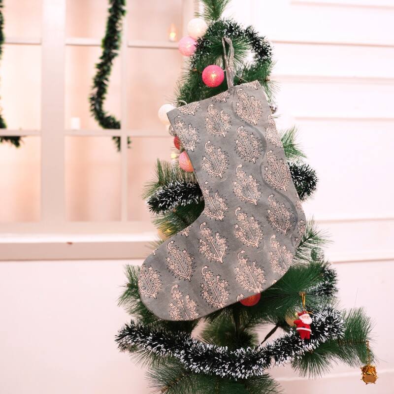 Fabdivine Handmade Christmas Stocking Floral Block Print 10X4.5 Inch Tassel Loop for Home Décor - 10"X4.5"