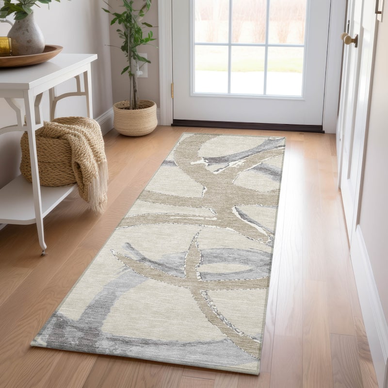 Machine Washable Indoor/ Outdoor Abstract Contemporary Chantille Rug