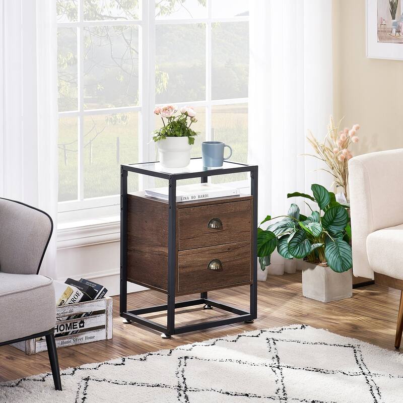 Javlergo Tempered Glass Top Nightstand with 2-Drawer and Open Shelf