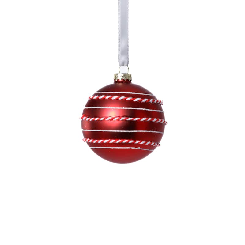 Matte Glass Ball Ornaments with White & Red Rope, Set of 6, 3.25" - Red