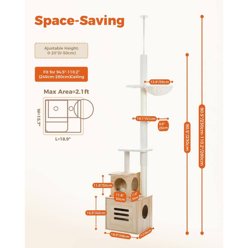 Adjustable Hright 6-Tiers Floor to Ceiling Cat Tree with Litter Box