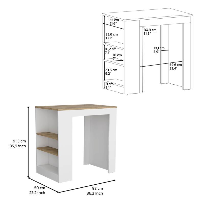 Modern Kitchen Island with 3 Shelves, 36" Height, White/Wengue/Ibiza Marble Top