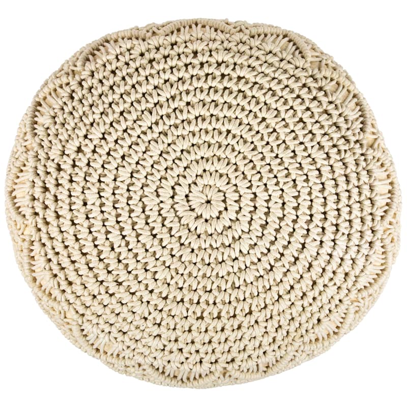 18" Solid Cream Macrame Round Handmade Natural Cotton Pouf