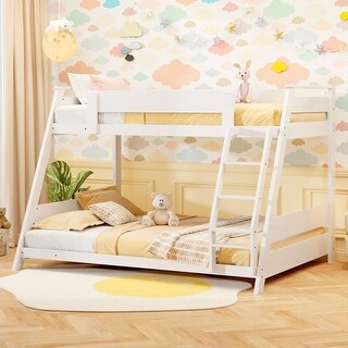 Twin Over Full Low Bunk Bed with Reversible Ladder, Space-Saving Design, Sturdy Frame