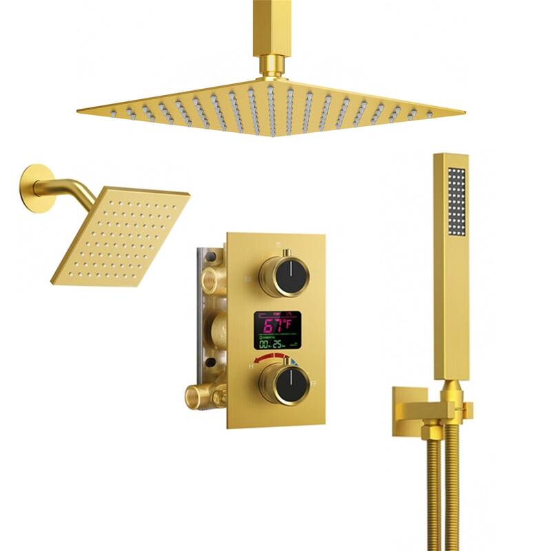 Dual Heads 12" Rainfall & High Pressure 6" Shower System w/ 3 Way Digital Display Faucet - Gold