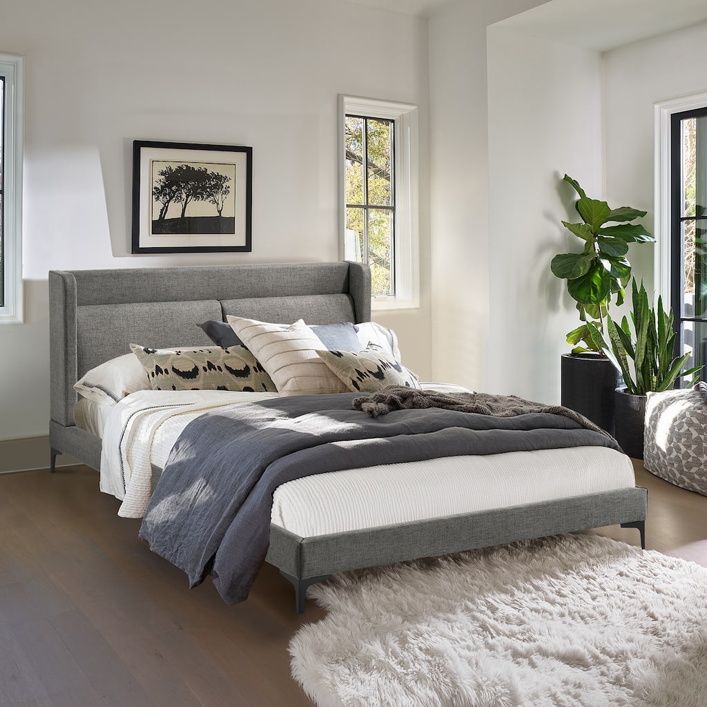 Legend Gray Upholstered Platform Bed with Black Metal Legs