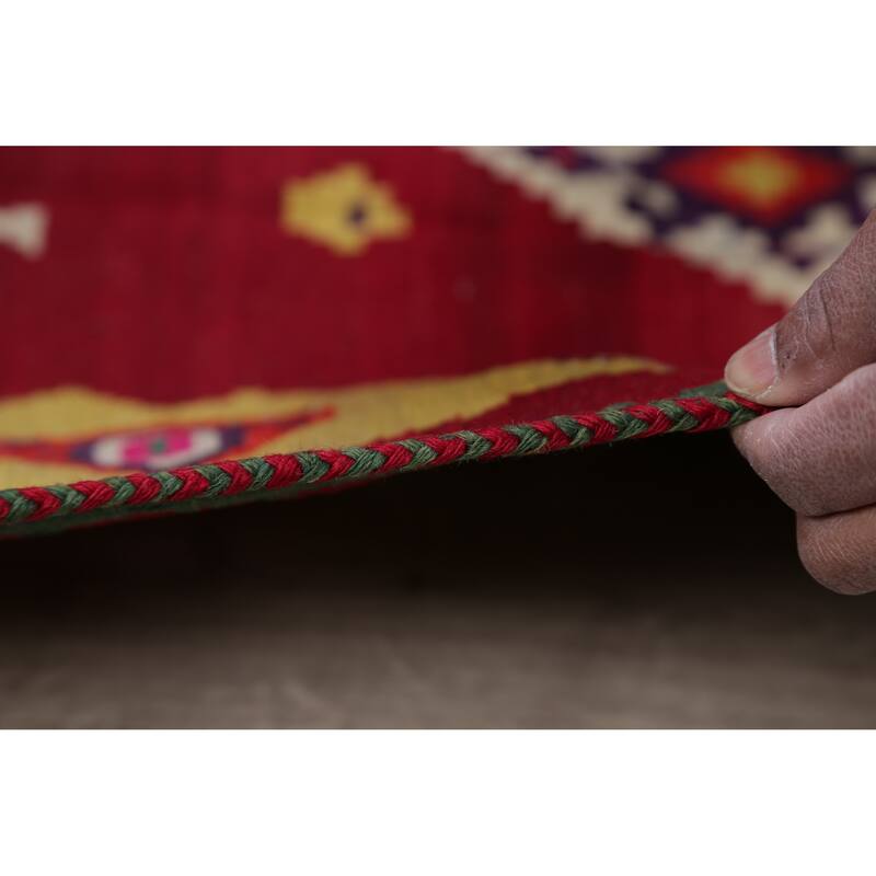 Hand Woven Oriental 100% Wool Carpet Southwestern Geometric Red Kilim Runner Rug - 8' 7'' X 4' 5''