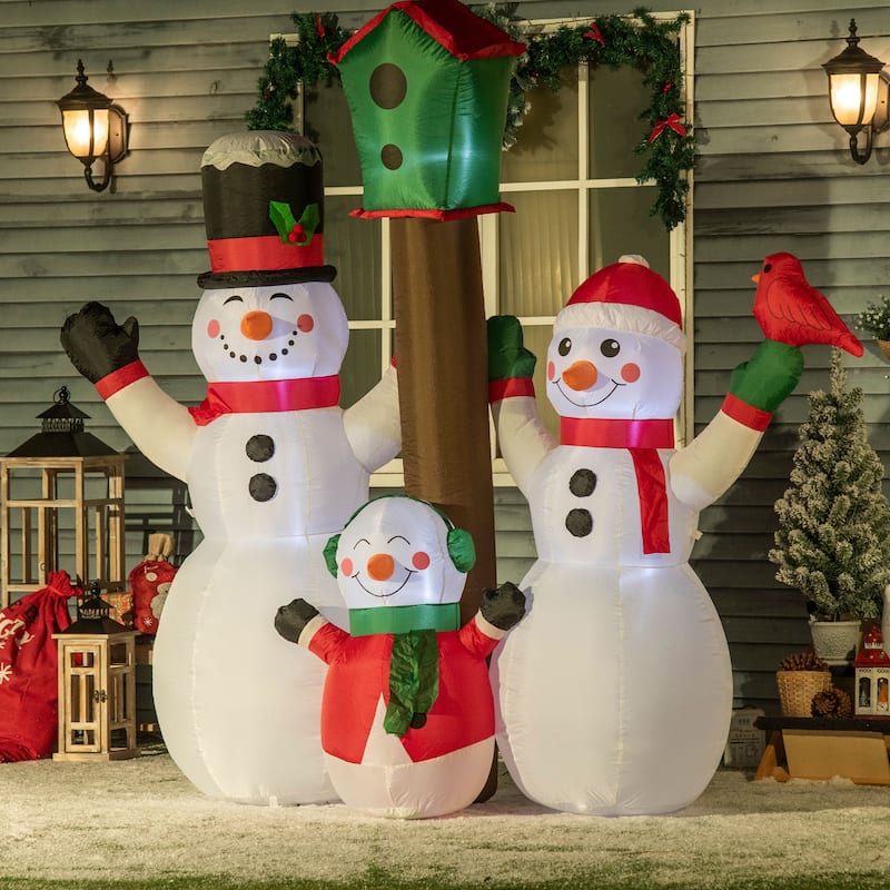 HOMCOM 7ft Inflatable Christmas Snowman Family with Bird and Birdhouse, Blow-Up Outdoor LED Yard Display - Polyester - White