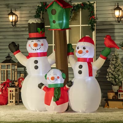 HOMCOM 7ft Inflatable Christmas Snowman Family with Bird and Birdhouse, Blow-Up Outdoor LED Yard Display