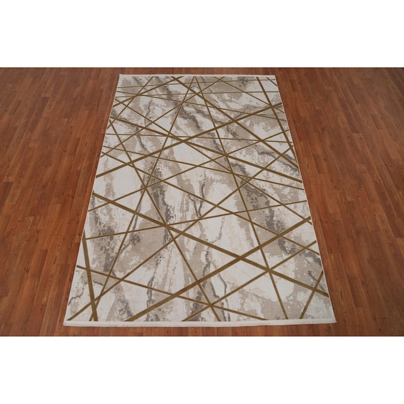 Machine Made Oriental Polyester Carpet Modern Geometric Beige & Ivories Modern Area Rug - 7' 5'' X 5' 2''