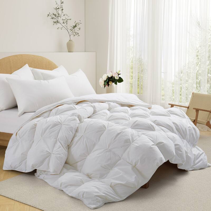 All Season 100% Cotton White Goose Feather Down Comforter with Pinch Pleat Design