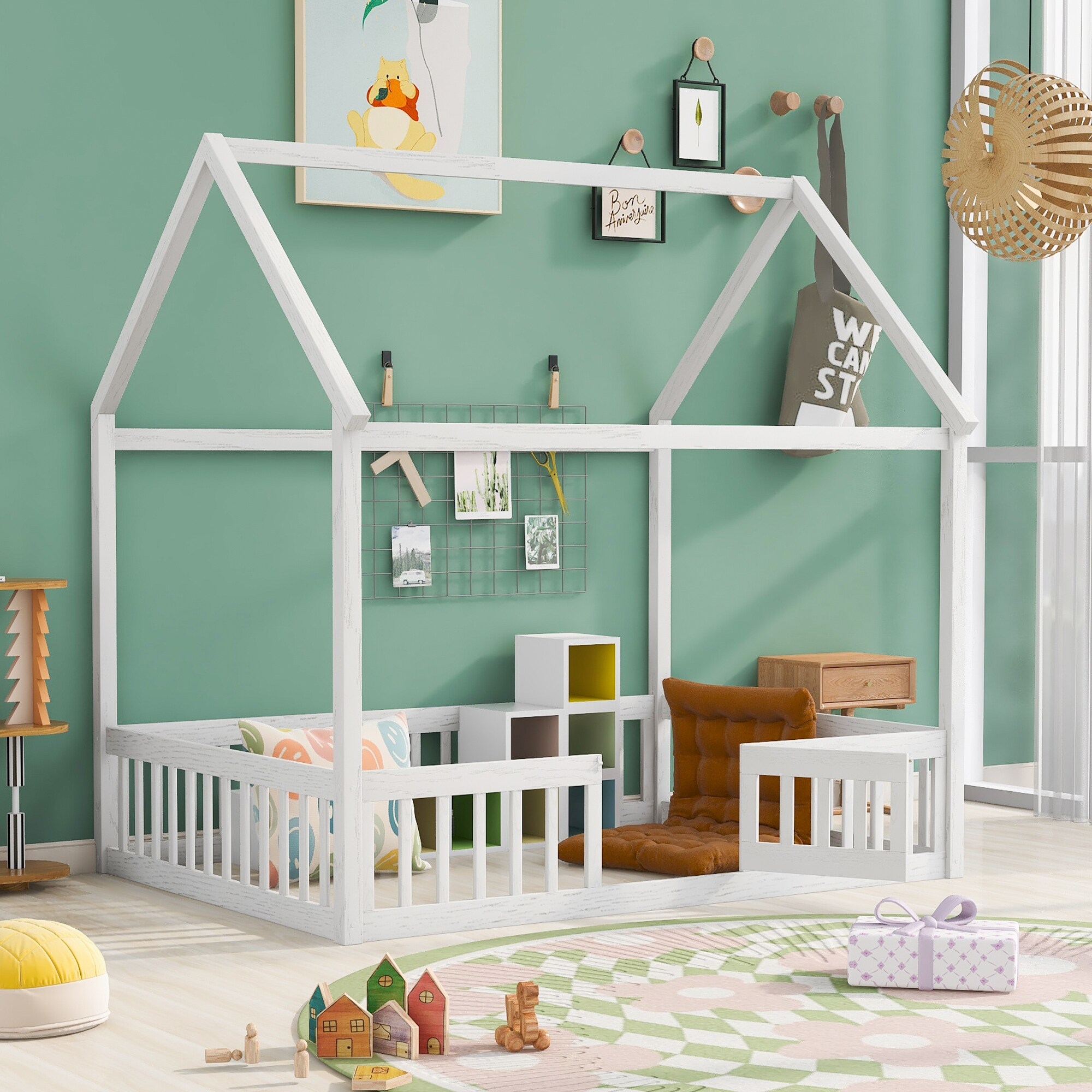 Full Size Montessori House Bed for Kids Boys Girls Wooden Floor