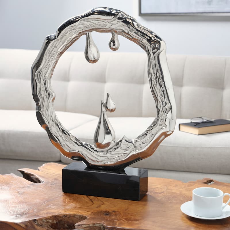 Striking Silver Aluminum Metal Abstract Sculpture with Marble Base - Silver - 19"W, 23"H